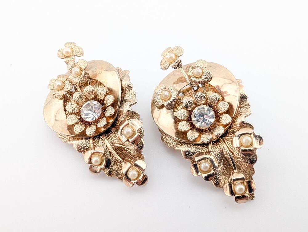 Gold Tone Leaf and Floral Clip On Earrings with Rhinestone and Faux Pearls